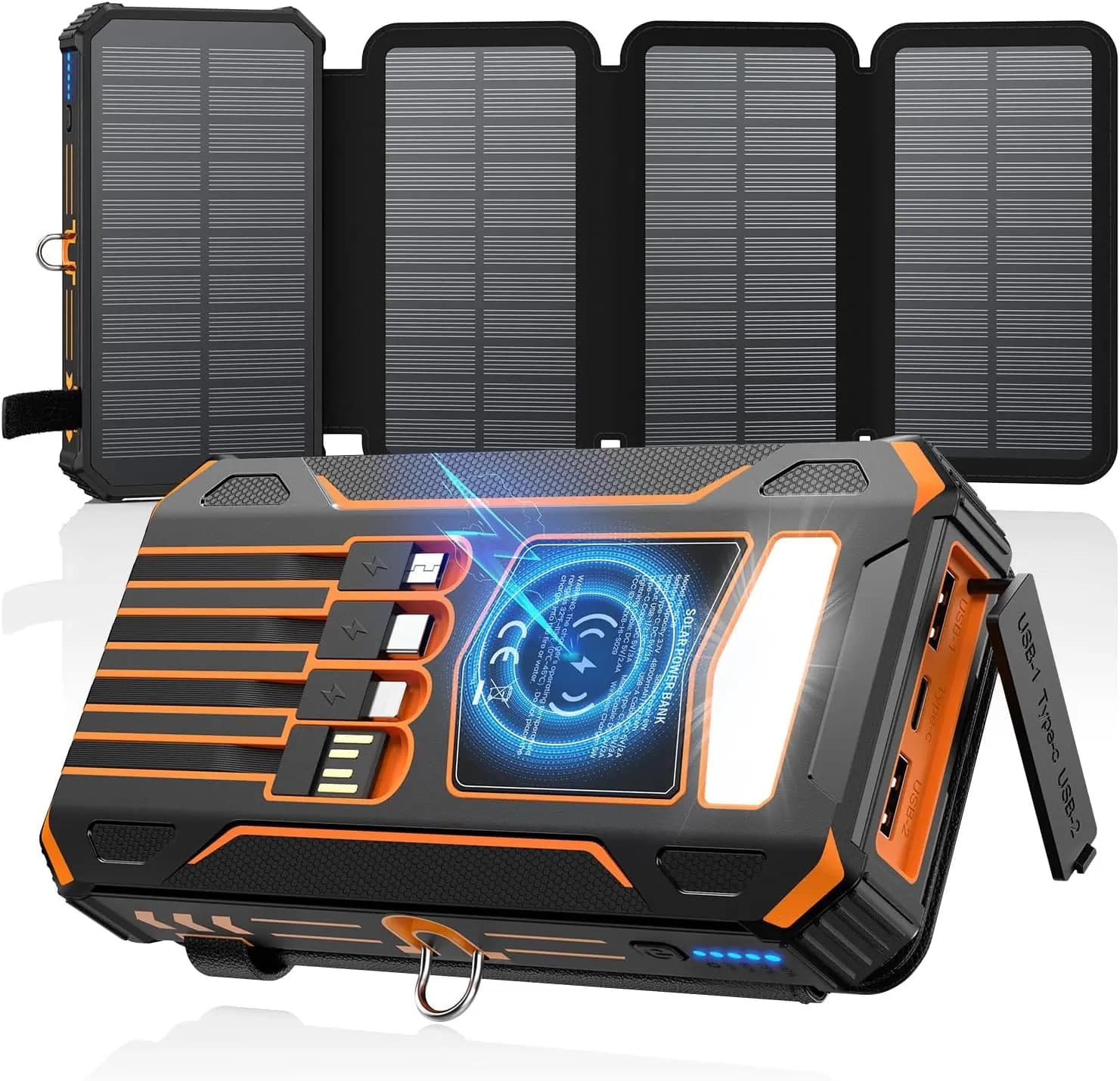 Power Bank Solare da 48000mAh con 4 Pannelli, Ricarica Wireless e Cavi Integrati, Ricarica Rapida per Campeggio e Viaggi