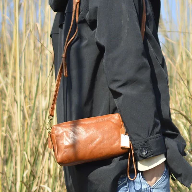 Genuine Leather Retro Folded Square Bag Zipper Crossbody Phone Pouch Personality Youth Casual Tote Bag Leather Handbag