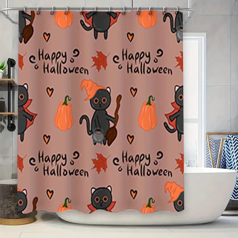 Spettrale Halloween Gatto Nero Zucche Happy Halloween Decor Set di tende da doccia per vasca da bagno Decorazioni per la casa