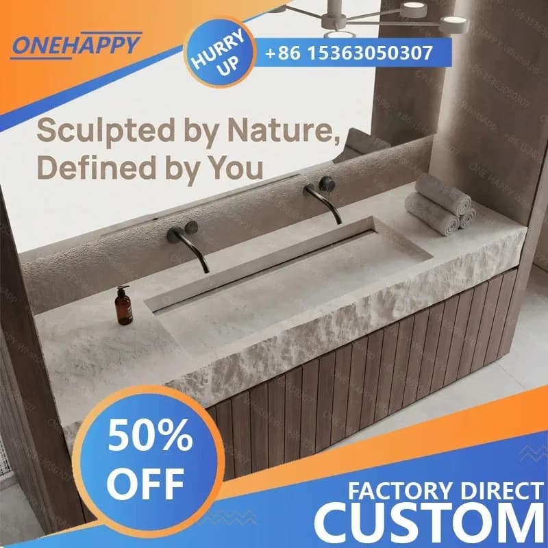 Wall washbasin with rough travertine top, concealed drainage and textured washbasin; artificial stone top.