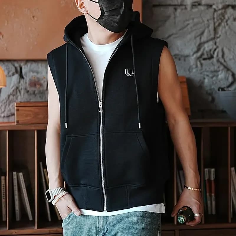Gilet casual da uomo senza maniche con cappuccio, chiusura a zip, tinta unita e tasche a marsupio