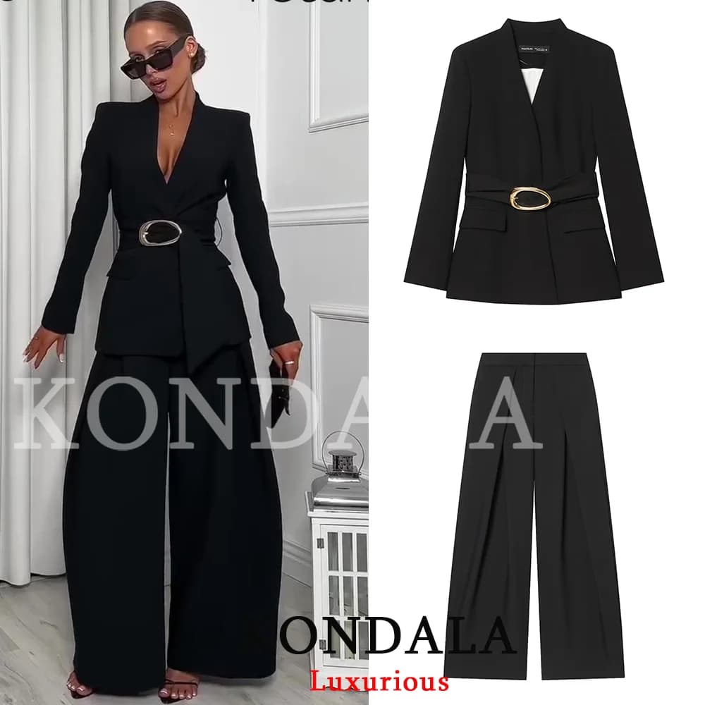 KONDALA Completo Vintage da Ufficio per Donna, Nero, Scollo a V, con Cintura e Tasche, Blazer e Pantaloni Larghi con Zip, Moda 2026, Set Casual Femminile