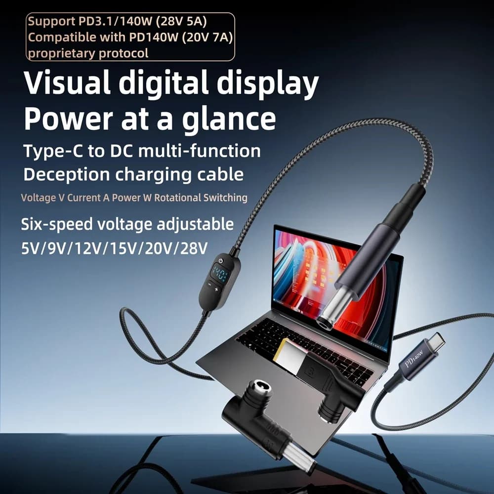 140W USB-C power cord with digital display, type C to 5V 9V 12V 15V 20V 28V, adapter with adjustable voltage connector