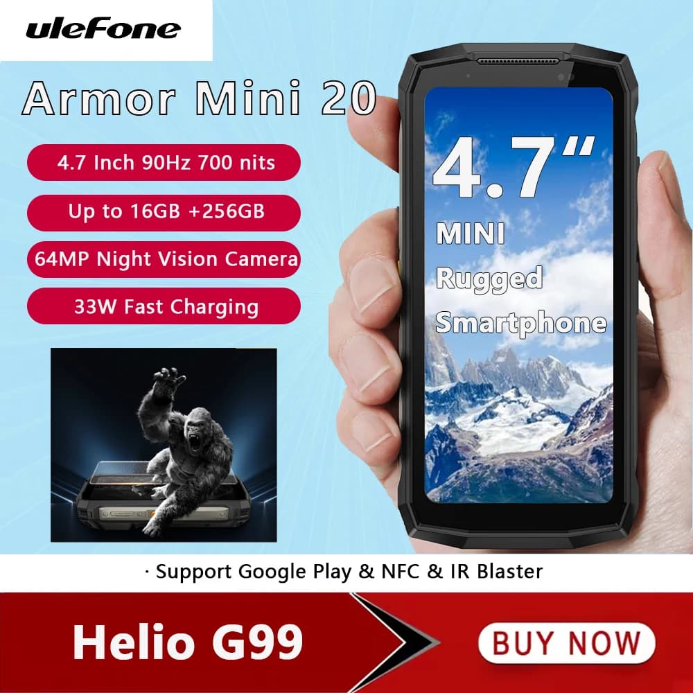 Ulefone Armor Mini 20 4G Telefono robusto da 4,7 pollici 16 GB + 256 GB 64 MP Fotocamera notturna Smartphone Android 14 6200 mAh Telefono cellulare NFC 33 W