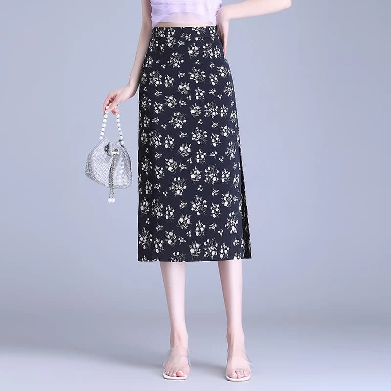 Gonna a tubo a vita alta da donna, nuova stampa estiva, midi, con spacco laterale, modello bodycon, effetto snellente