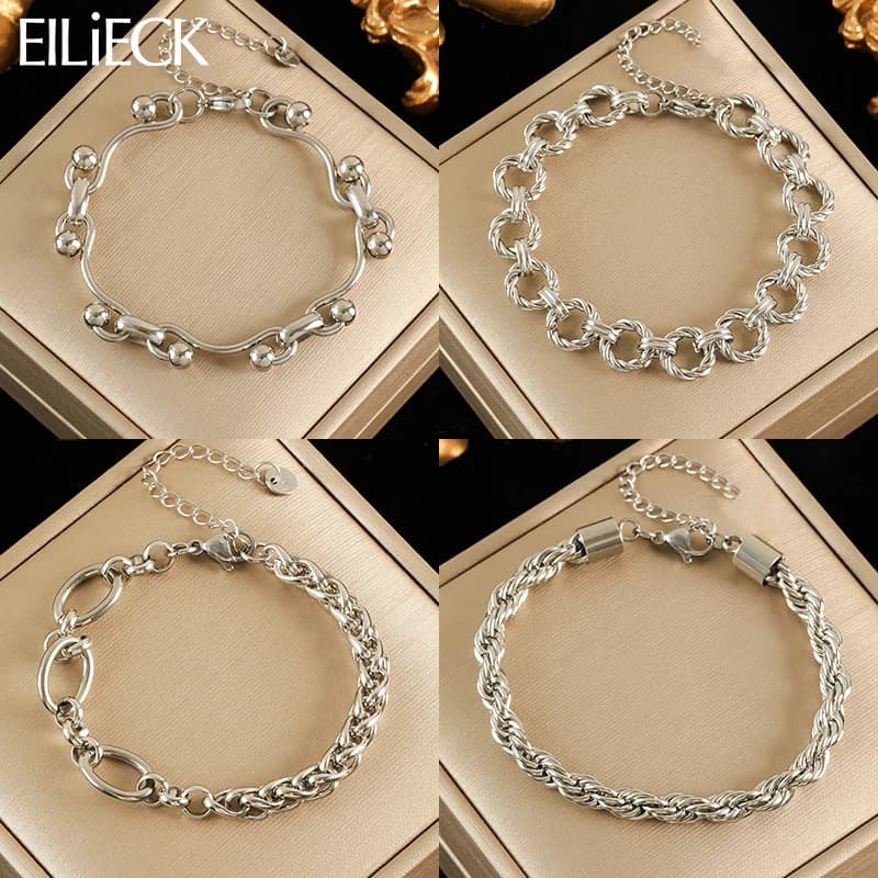 EILIECK 316L Stainless Steel Silver Color Bracelet Bangle Jewelry Charm Metal Texture Wrist Chain for Women Bijoux Accessories