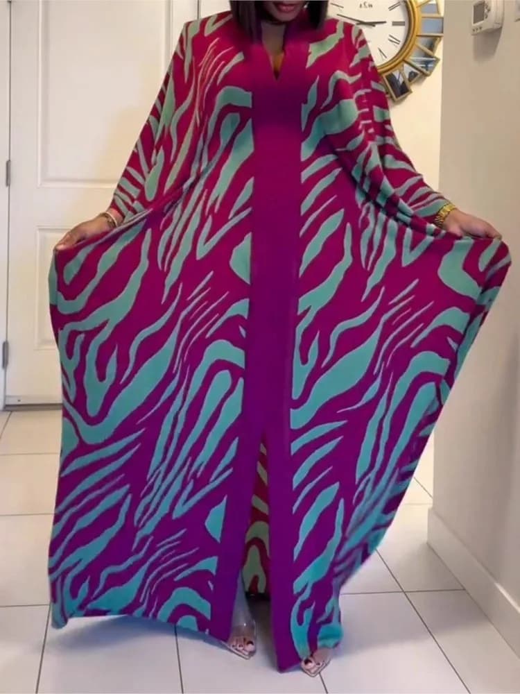 Holiday at the sea Loose mantle oversize Woman Spring Autumn Fashion Neckline V Sleeve Long sleeves Print Dresses