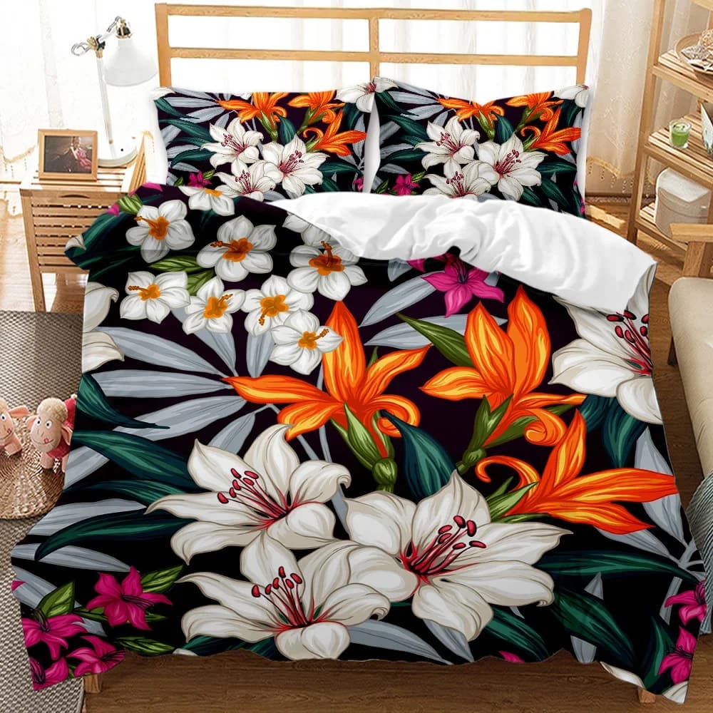 Set copripiumino a fiori Set copripiumino doppio botanico da giardino fresco con fiori colorati Set biancheria da letto in poliestere con fiori da donna Queen King