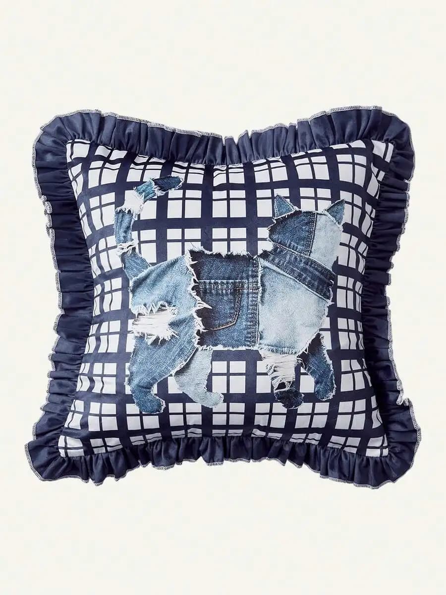 Denim Cat Patchwork Plaid Ruffle Edge Decorative Pillow Cover Bohemian Country Sofa
