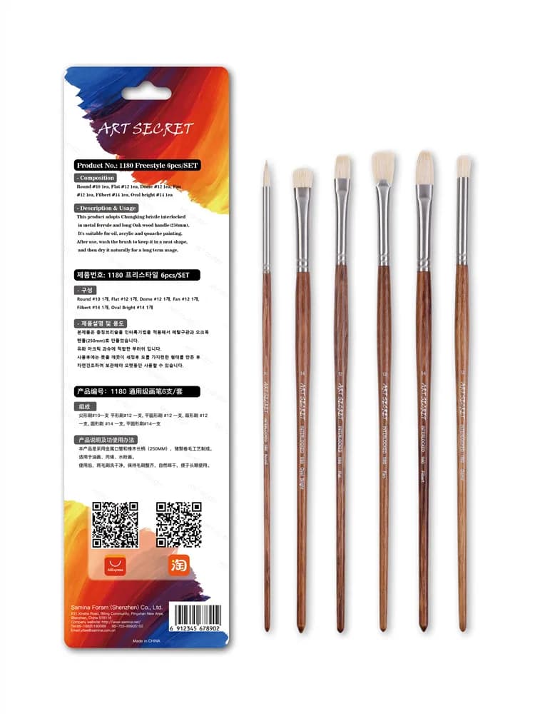 Artsecret 1180 6/Set Multi-Purpose Oil Color Brushes Chungking Bristle Metal Ferrule 250MM Long Wood Rod Acrylic Gouache Paints
