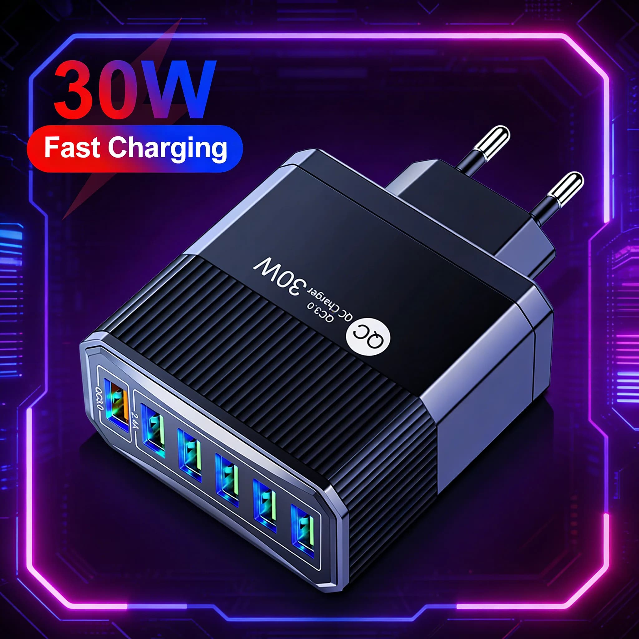 Caricatore da parete USB PD a 6 porte da 55W con ricarica rapida, adattatore di alimentazione da viaggio con spina EU/US per iPhone 15, Xiaomi, Samsung, Huawei