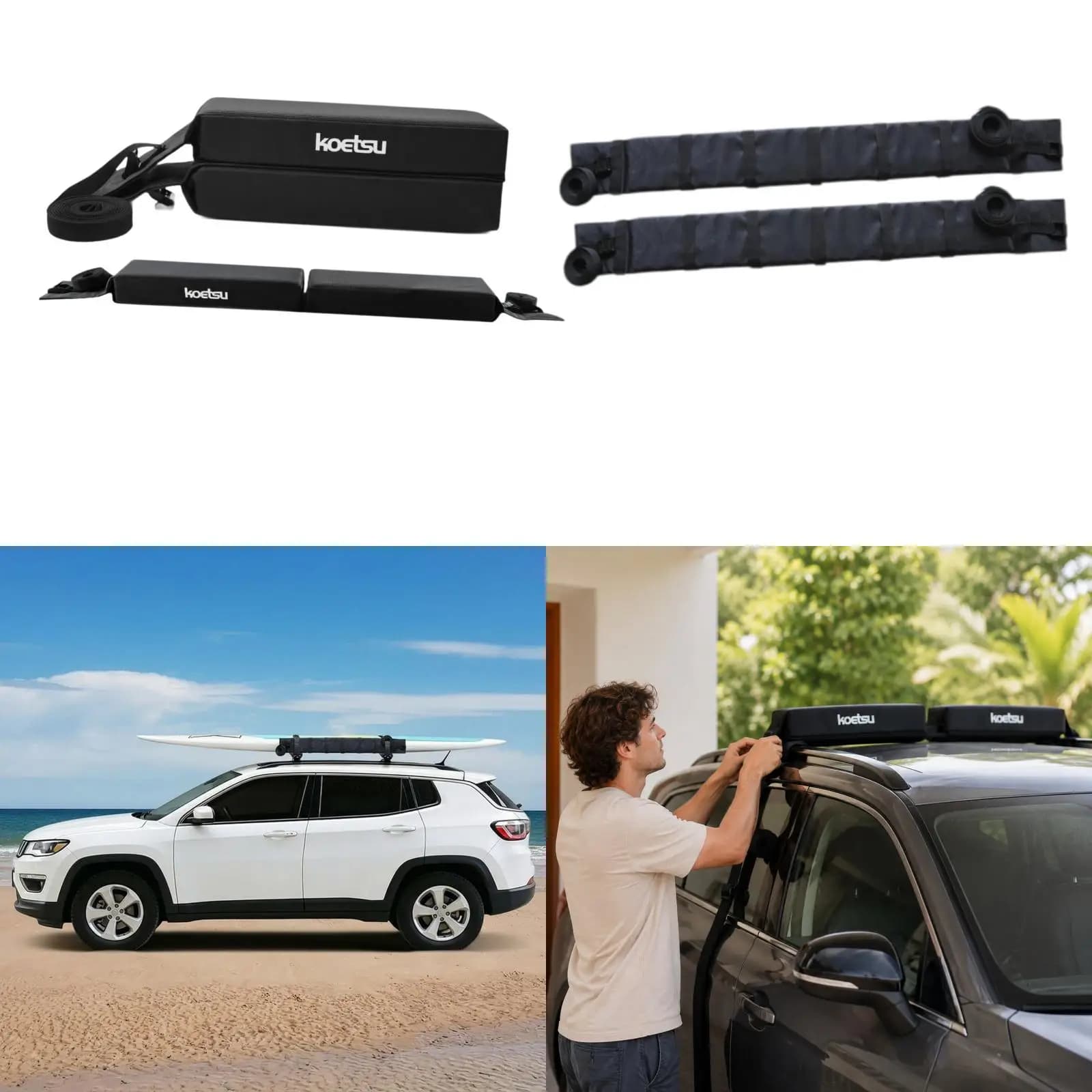 Portable Kayak Roof Rack Soft Foam Pad Carrier System with Fastening Straps for Paddle Board Surfboard
