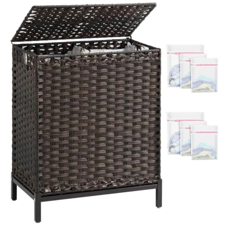 Cesto portabiancheria con coperchio, in vimini di rattan intrecciato a mano, 2 sacchi interni rimovibili, piedini rialzati in metallo, 6 sacchi in rete, 2 sezioni.