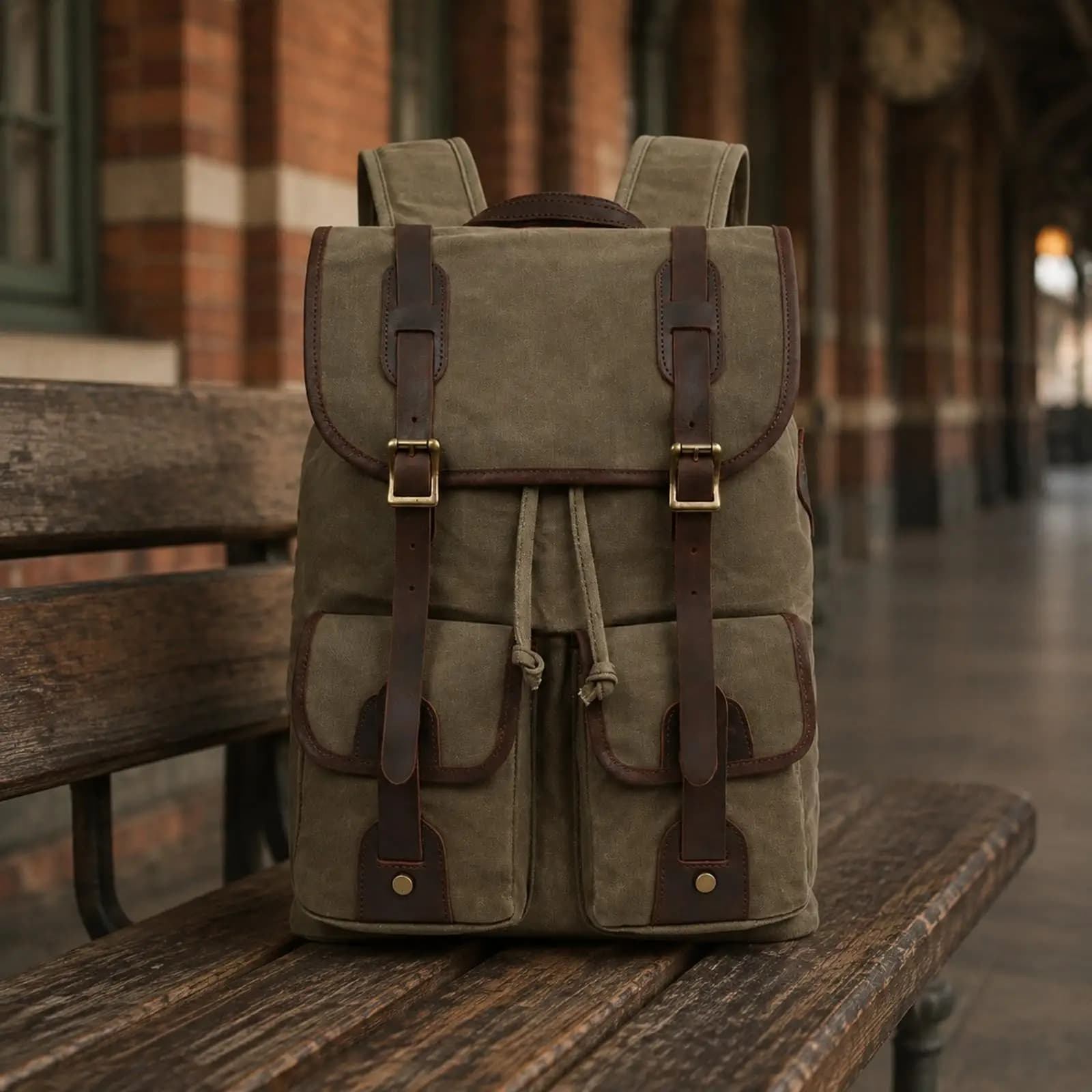 Classic Oil Wax Canvas Rucksack for Men Women Travel Backpack with Flap Top Secure Closure and Padded Laptop Sleeve