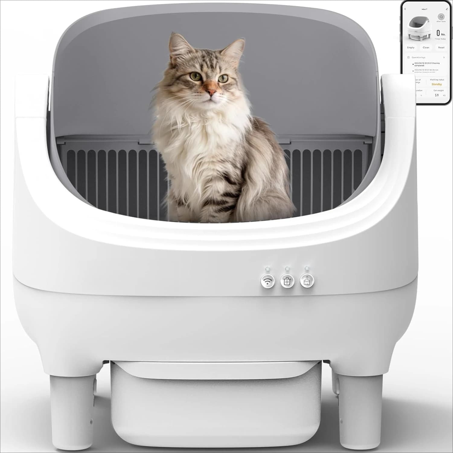 Lettiera Automatica Autopulente per Gatti, Controllo tramite APP, Design Aperto, Anti-Pizzicamento, Inodore con Sacchetti per Rifiuti, per Gatti Multipli, Bianca