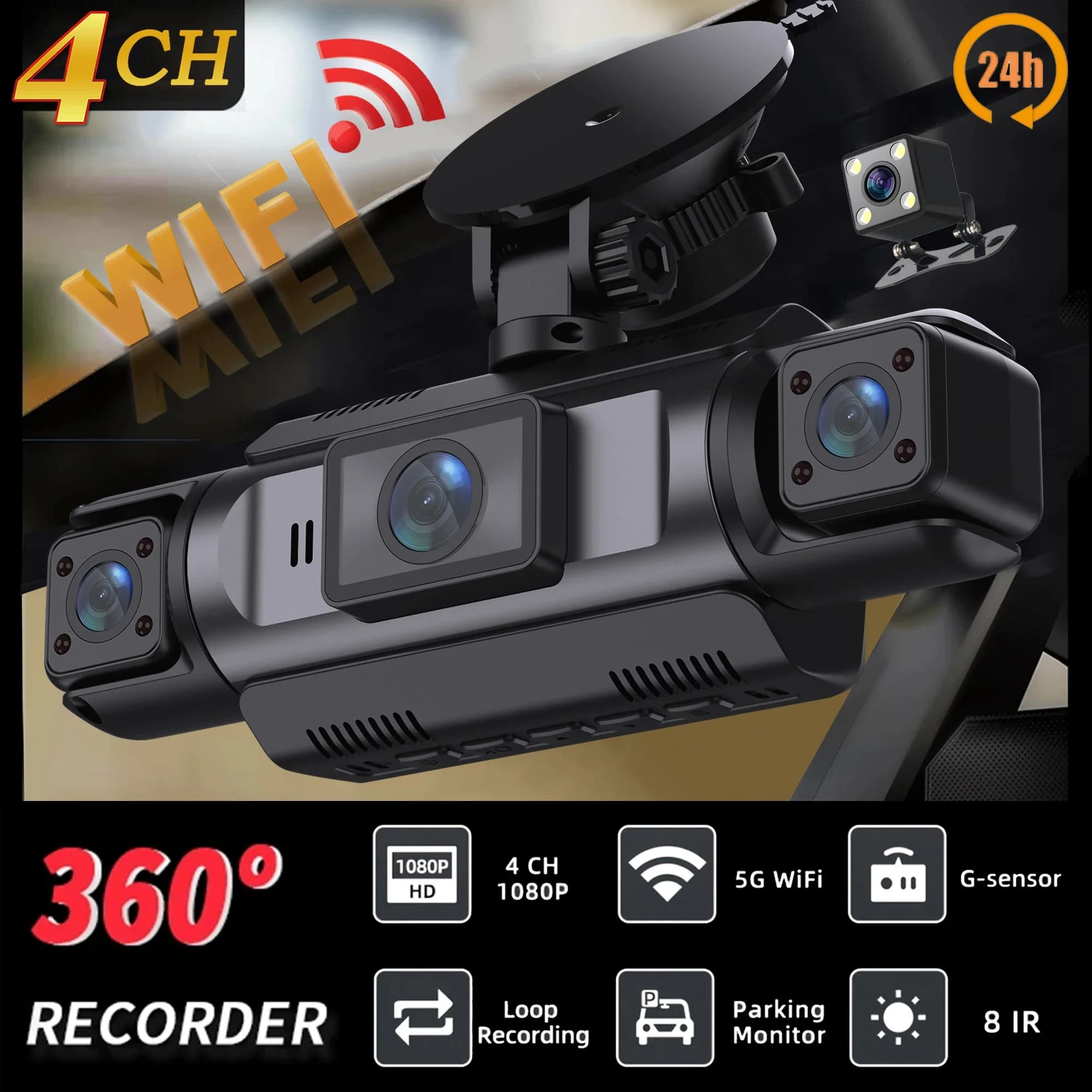 Dashcam a 4 canali per auto WiFi FHD 1080P anteriore sinistra destra posteriore visione notturna guida DVR registrazione in loop Black Box Dash Cam