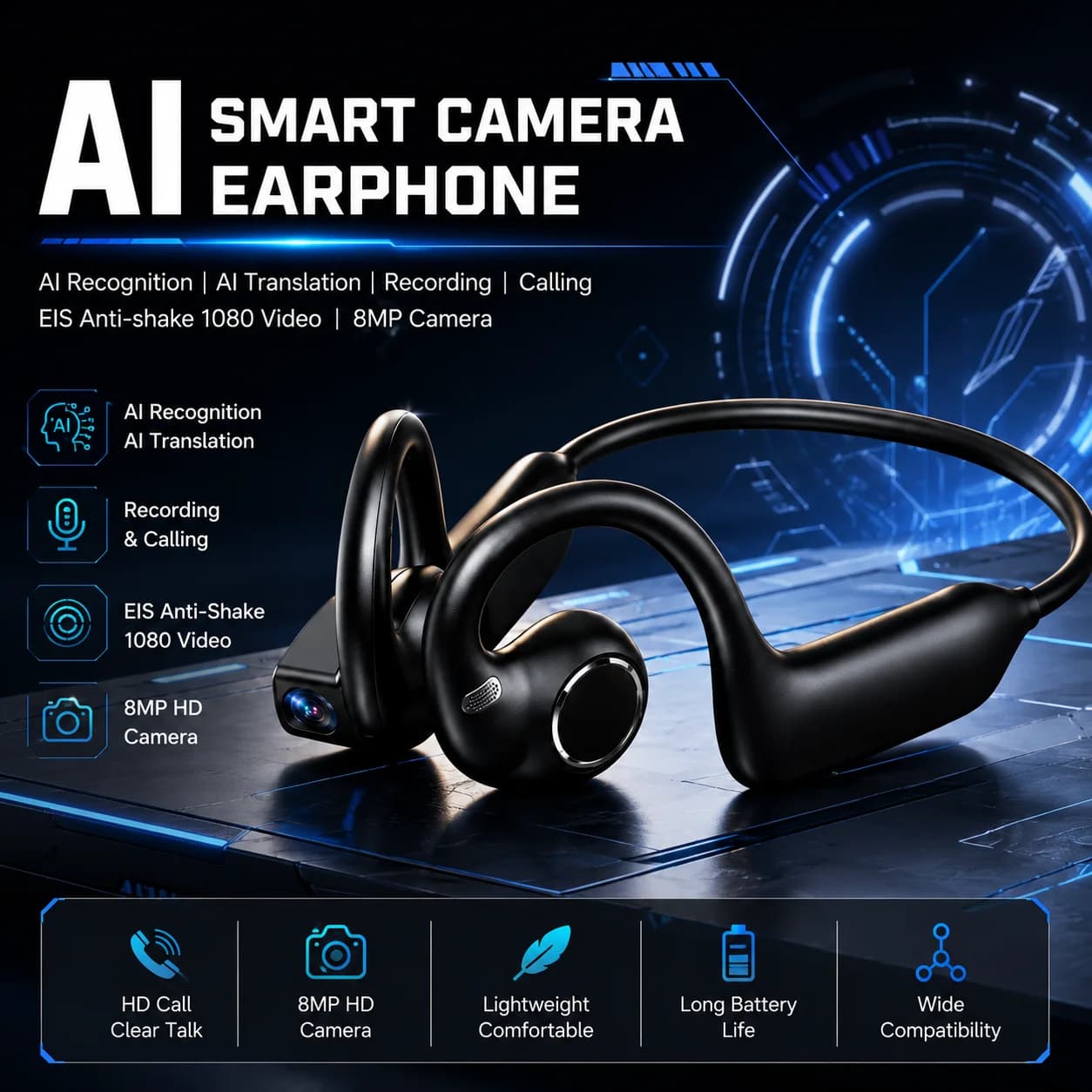 2026 Smart Camera Earphone 8MP Photo Video Dynamic Sound Effects HD Calls 800W Camera Real-time Translation Smart Earphones
