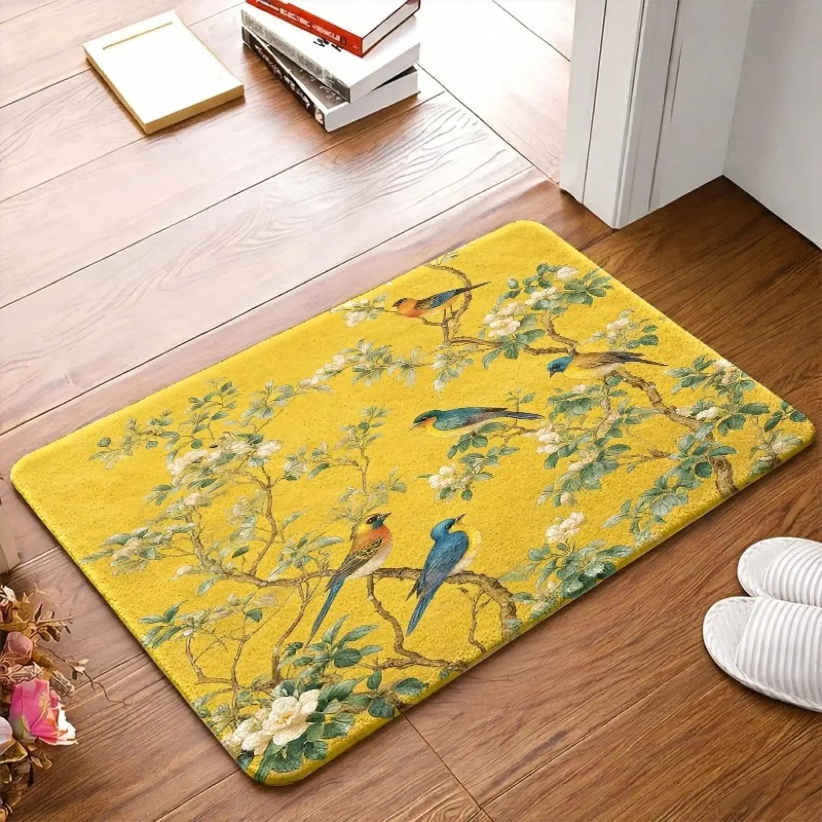 1PC, 2PC, 3PC-Style Fine Brushwork Floral And Bird Flannel Non-Slip Floor, Rubber Base, Durable And Stain-Resistant, Washable, Universal Doormat Carpet Suitable