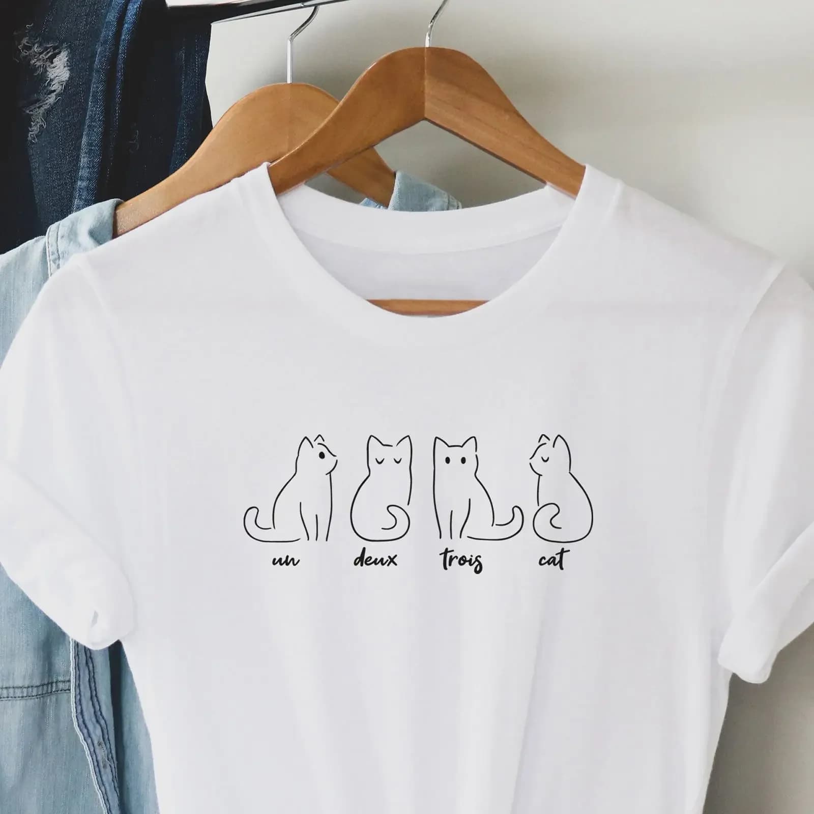 T-shirt Un Deux Trois Cat con grafica line art francese divertente, casual, per amanti dei gatti, per mamma, donna, con gattino carino, vintage, effetto lavato
