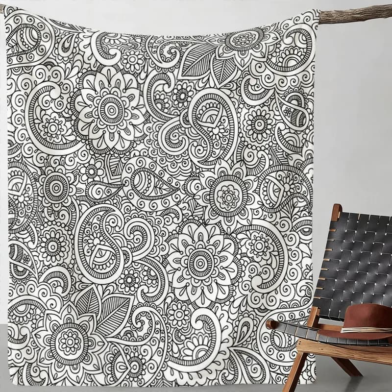 Adult Stress-Relief Hand-Painted Paisley Flannel Blanket, Skin-Friendly Warm Thick Nap for Office Sofa Cover, Creative DIY Gift