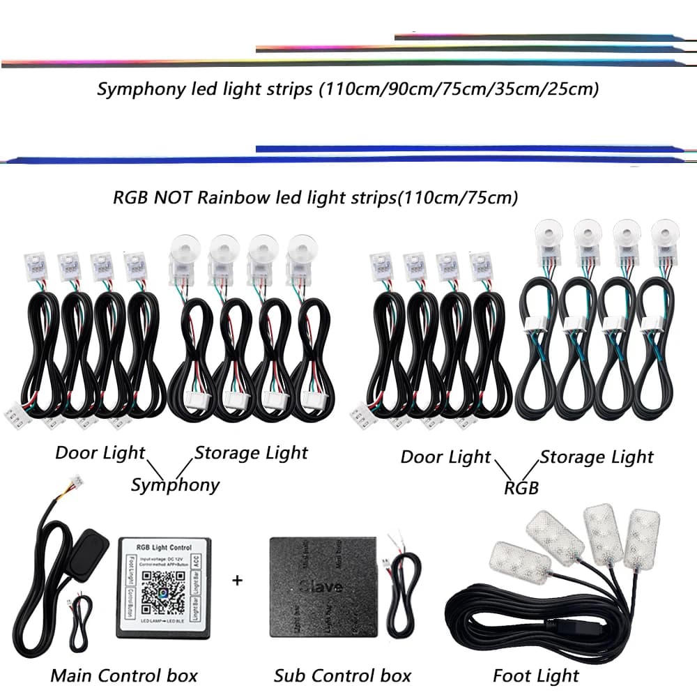 Parti della luce ambientale per auto LED Symphony a colori 18 in 1 Sostituisci gli accessori 64 strisce acriliche colorate 110 cm 90 cm 75 cm 35 cm 20 cm