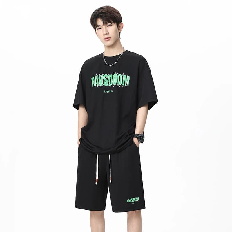 Sporty Complete Men's Summer 2026 Korean Style: T-shirts and Shorts Casual, Large fit, Hong Kong style, Trendy print