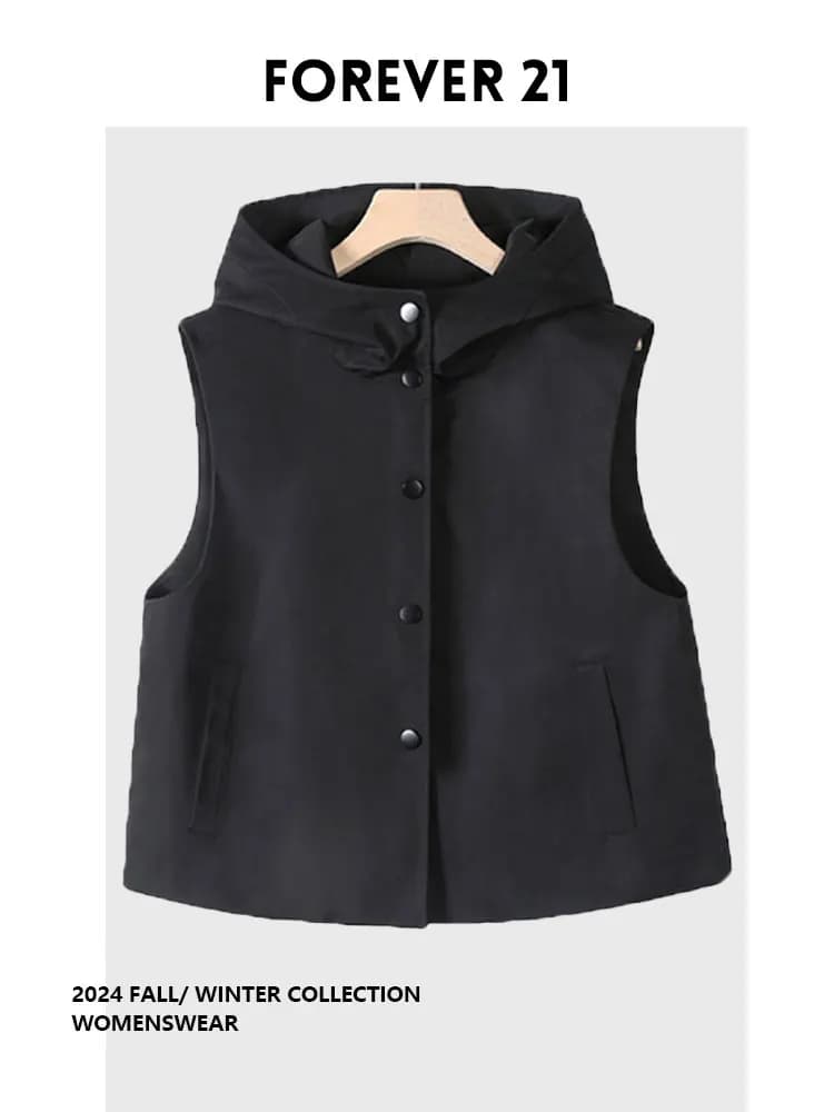 Forever 21 Black Hooded Vest Jacket Small Shoulder Pad Outdoor Wear Vest Coat Small Size Women's Fashion Summer Outerwear