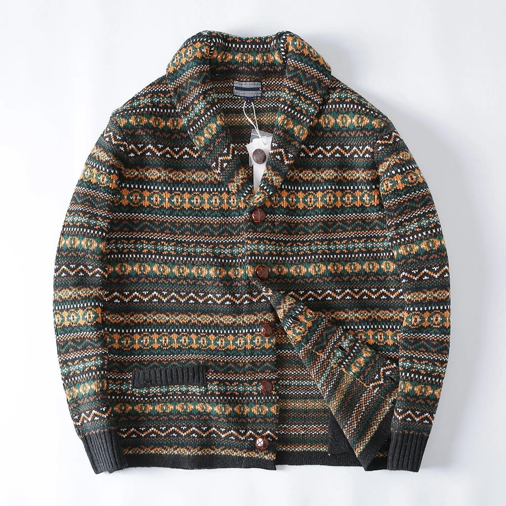 Nordic bovini lana Jacquard tessitura autunno e inverno uomo Retro Fer Island Style Green Fruit Collar Cardigan lavorato a maglia giacche
