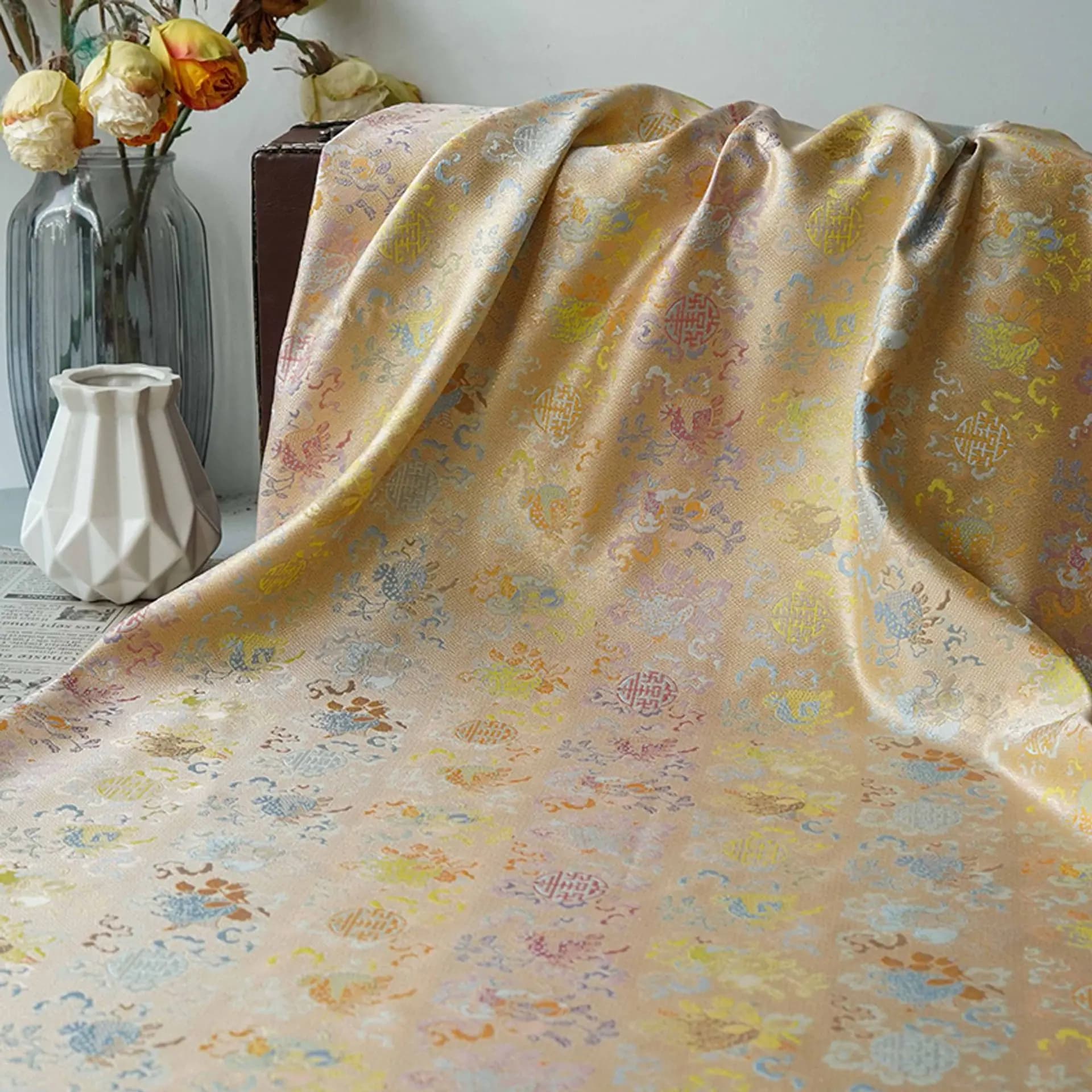 150Cm Wide Oriental Style Song Brocade Jacquard Textile DIY Craft Material Gold Thread Hanfu Qipao Vest Woven Fabric F194