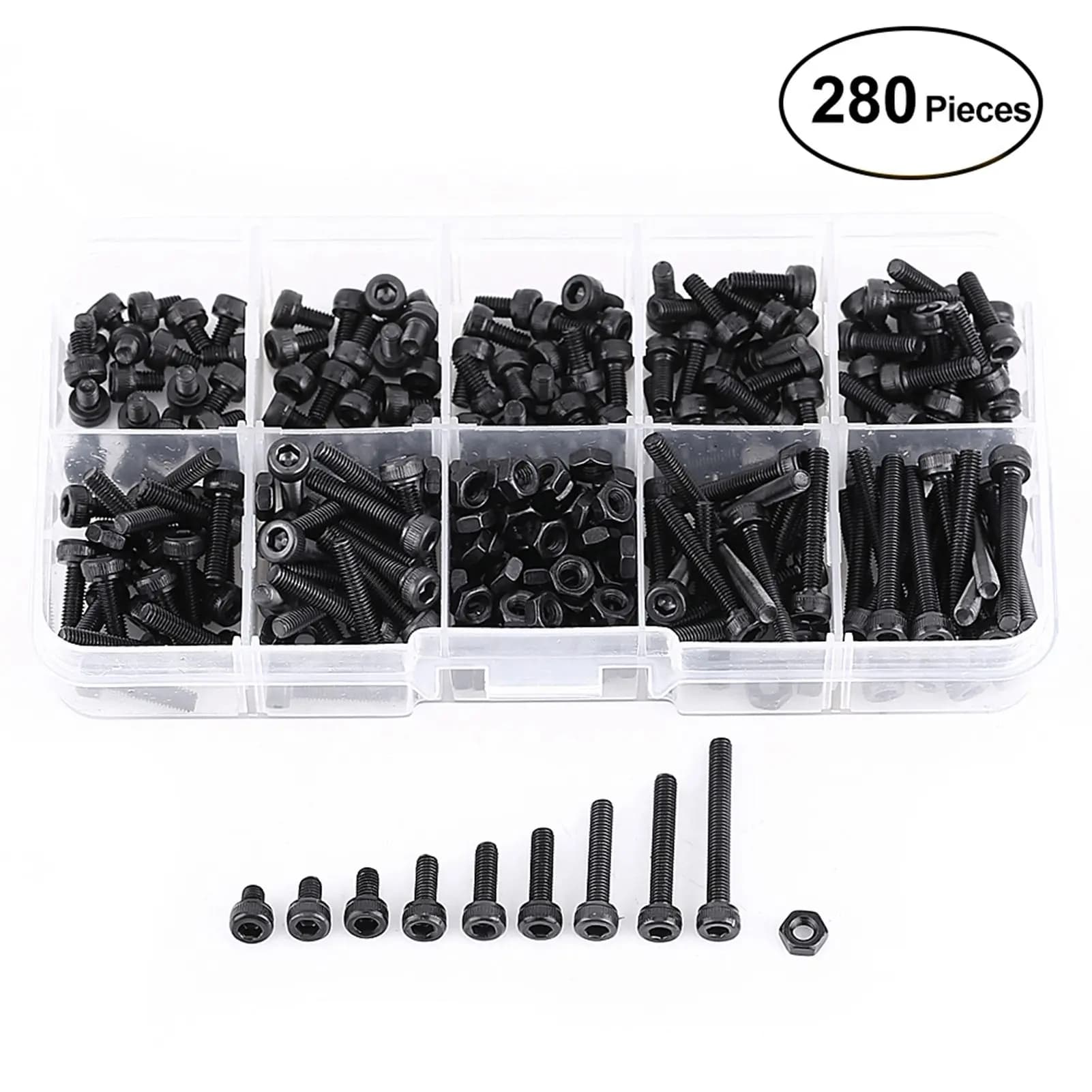280Pcs/Box Head Hex Socket Nut M3/4/5/6/8/10/12/16/20/25 Cap Head Hex Socket Machine Screw Bolt Machine Fastener Assortment Set
