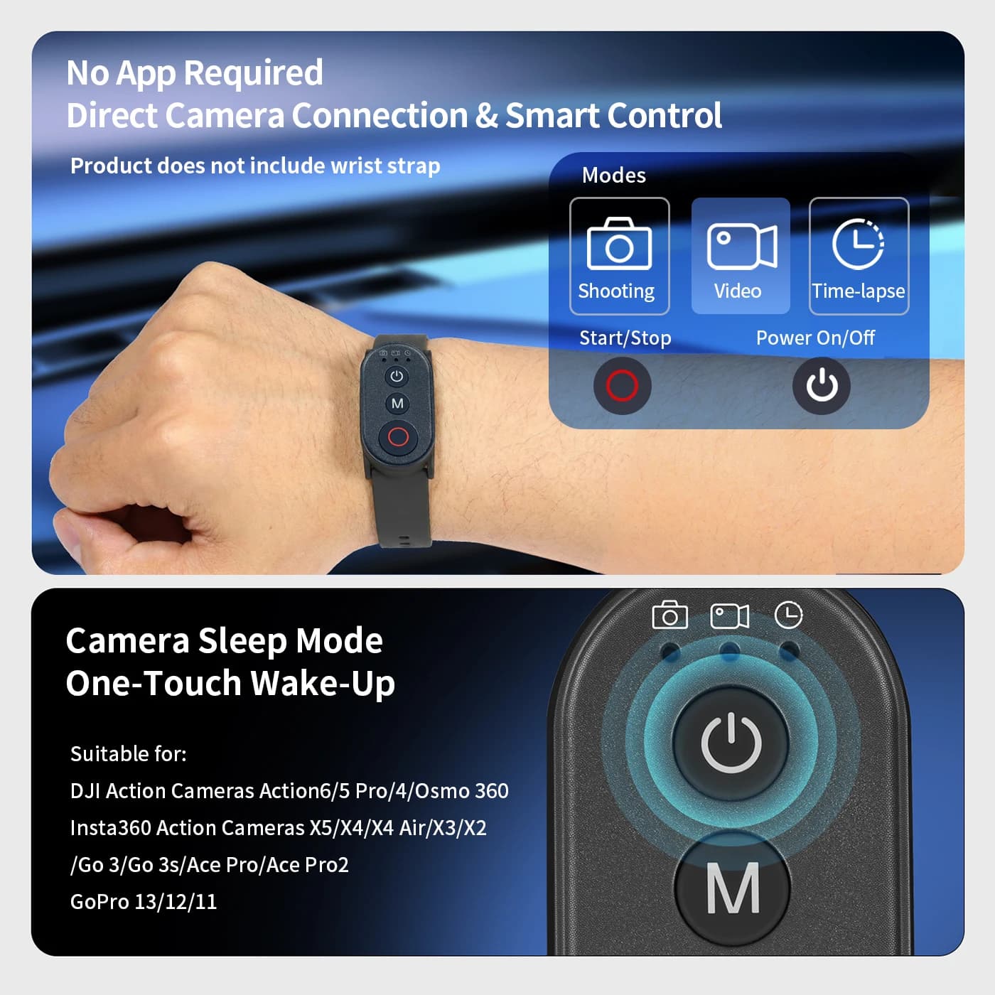 Wireless Bluetooth remote control for Camera, Quick coupling for DJI Insta360 GoPro, Compatible with iPhone, Android, HarmonyOS, Smartphone Without App