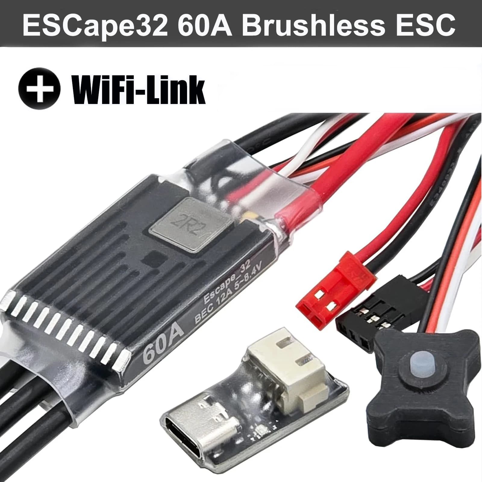 Ghost Brushless ESC 60A ESC with 12A Adjustable BEC 8.4V for 1/10 RC Crawler Axial SCX10 TRX-4 with ESCape32 WiFi-Link