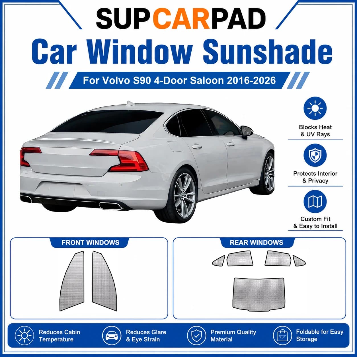 For Volvo - Volvo S90 4-Door Saloon 2016-2026 Full Set Car Window Sunshades UV Block Privacy Heat Insulated Foldable Car Curtain