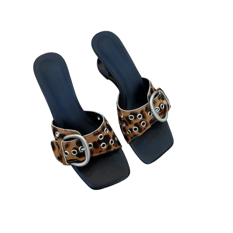Women Slippers Leopard Horsehair Wedge Sandals 2026 Summer Belt Buckle Ladies Shoes Black Bizarre Heels Fashion Slippers