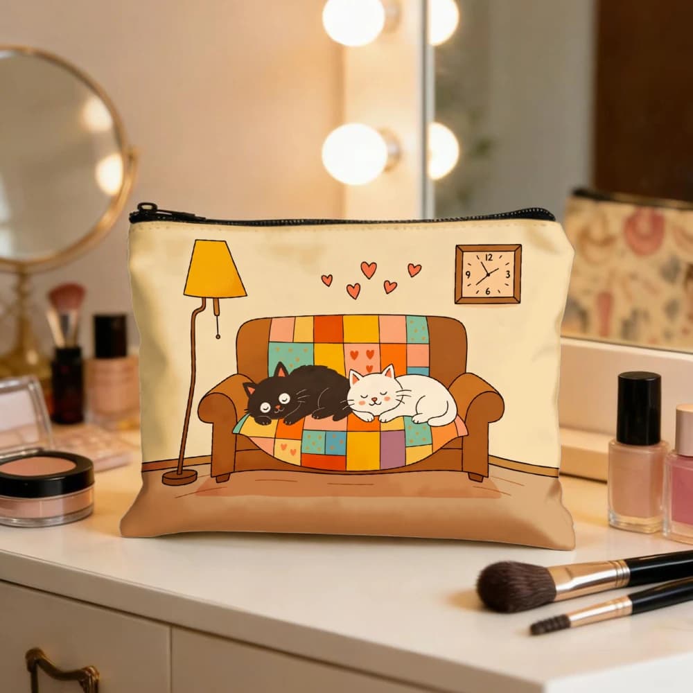 Borse per il trucco con gatti sul divano, cuori e lampade, per ragazze, pochette per cosmetici, borsa da toilette, astuccio per matite, custodia da viaggio