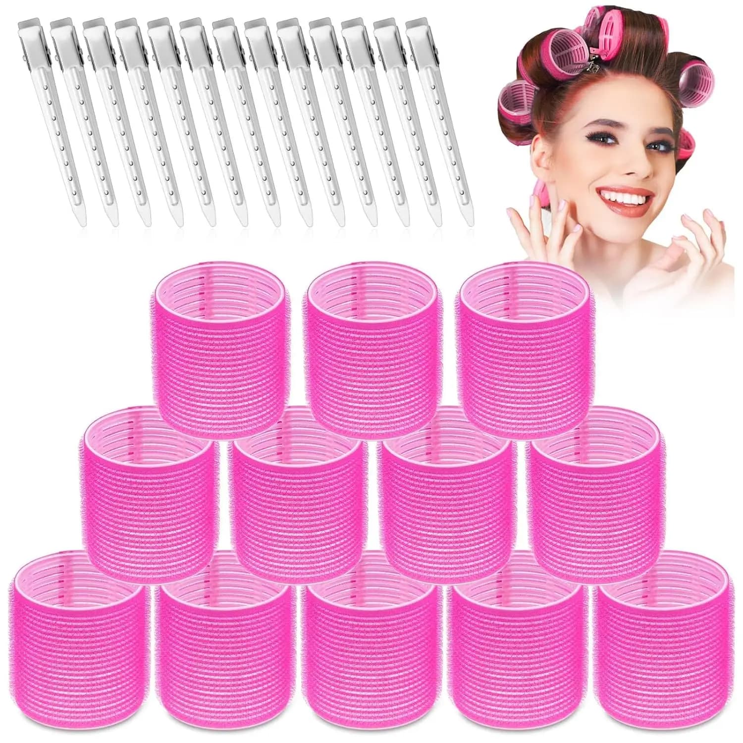 Set di 24 bigodini per capelli jumbo con 12 bigodini grandi e 12 clip per capelli lunghi e spessi voluminosi, rosa acceso