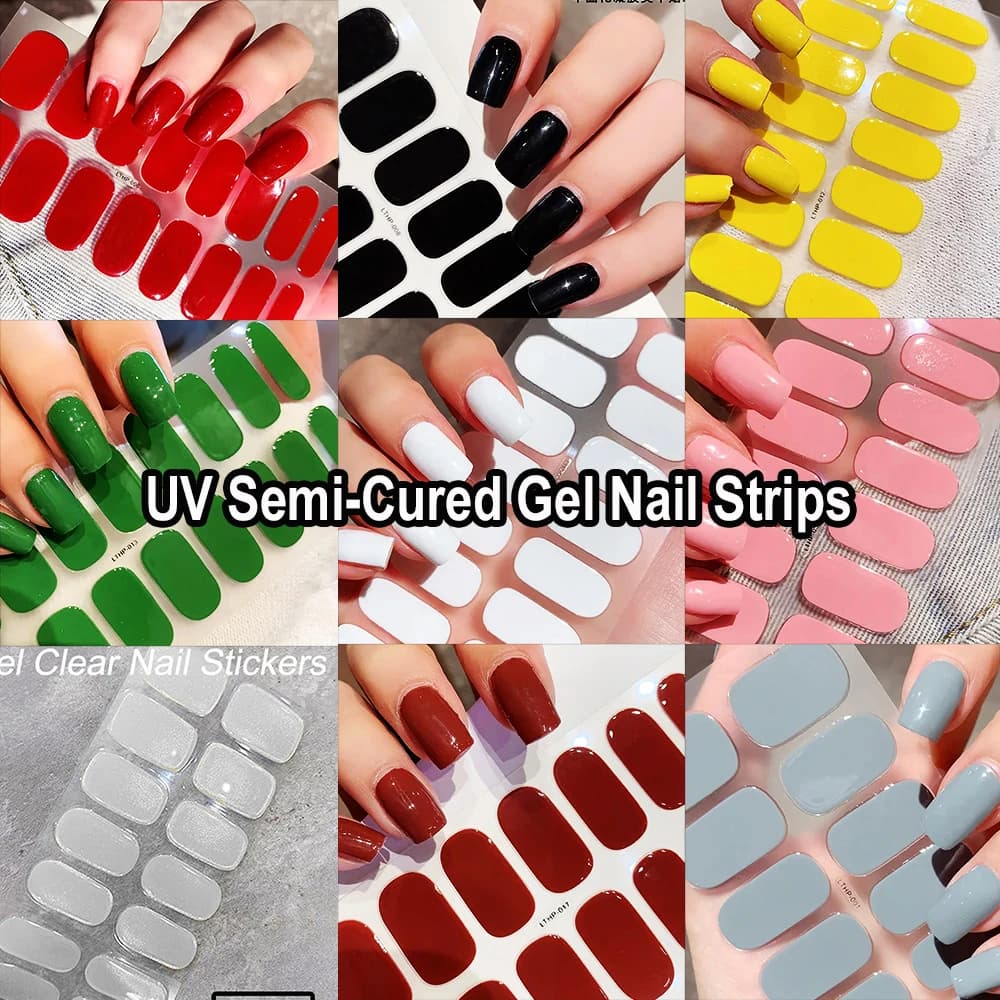 Strisce per unghie in gel semicurato UV 21 colori (16 punte) Trasparente/Rosa/Rosso Adesivi in gel per smalto UV rinforzante 3D Decalcomania per lampada UV a lunga durata