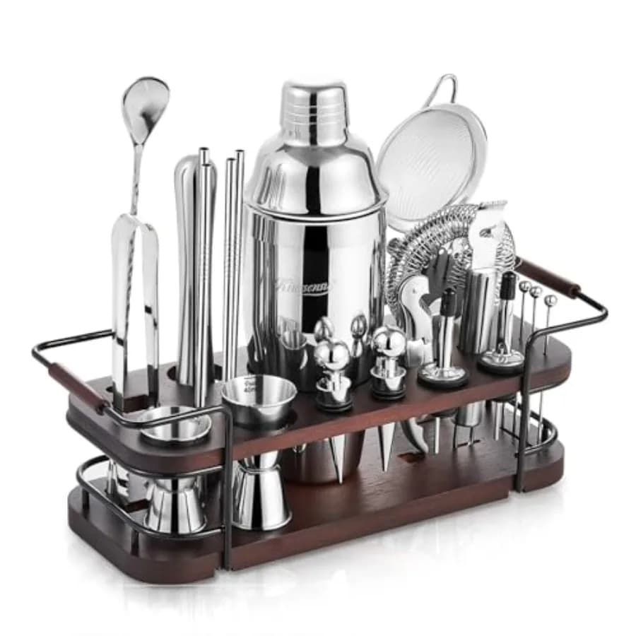 Set Shaker per Cocktail, Kit da Barman con Supporto, Set Completo da 24 Pezzi con Tutti gli Accessori da Bar: Shaker per Martini, Jigger