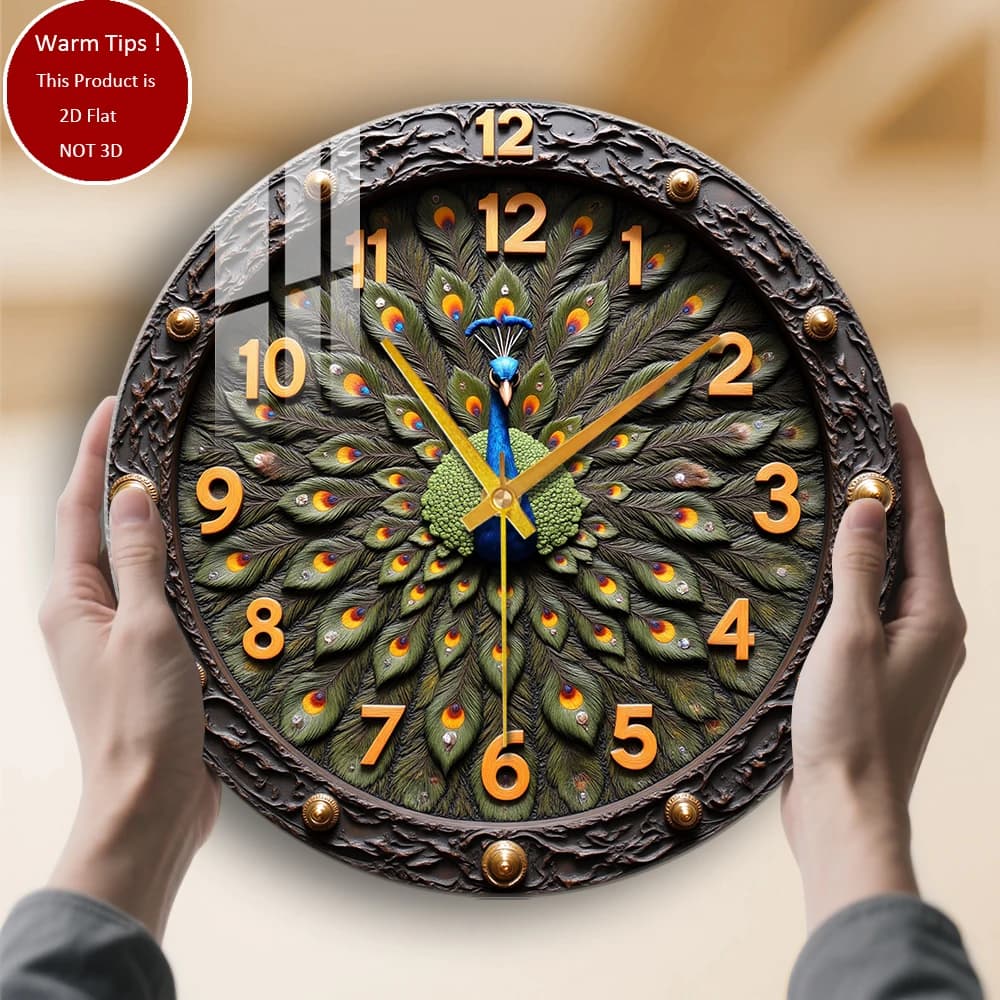 Tempered glass wall clock with peacock feathers, design suitable for wall decorations or table displays everywhere