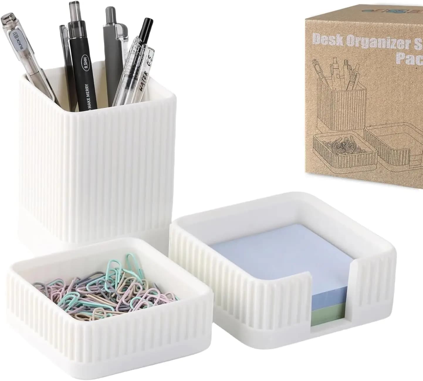 Set di 3 organizer da scrivania: portapenne, contenitore per graffette, vassoio per note adesive - Plastica resistente per ufficio, casa, regalo per insegnanti