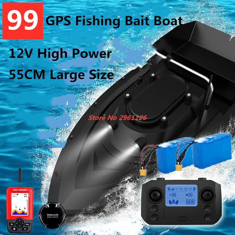 Barca da Pesca GPS 12V ad Alta Potenza, 55CM, 500M, Capacità di Carico 2KG, con 99 Punti GPS, Funzione di Rilascio Esche, Rete di Recupero e Navigazione Automatica