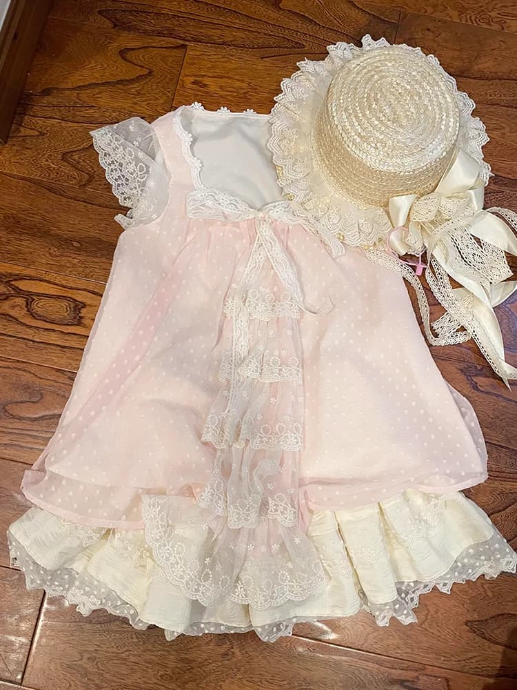 2025 Summer Pink Sweet Lace Patchwork Set Donna Top con maniche volanti + Gonna a vita alta Abito Princess Fairy Set a due pezzi 2025