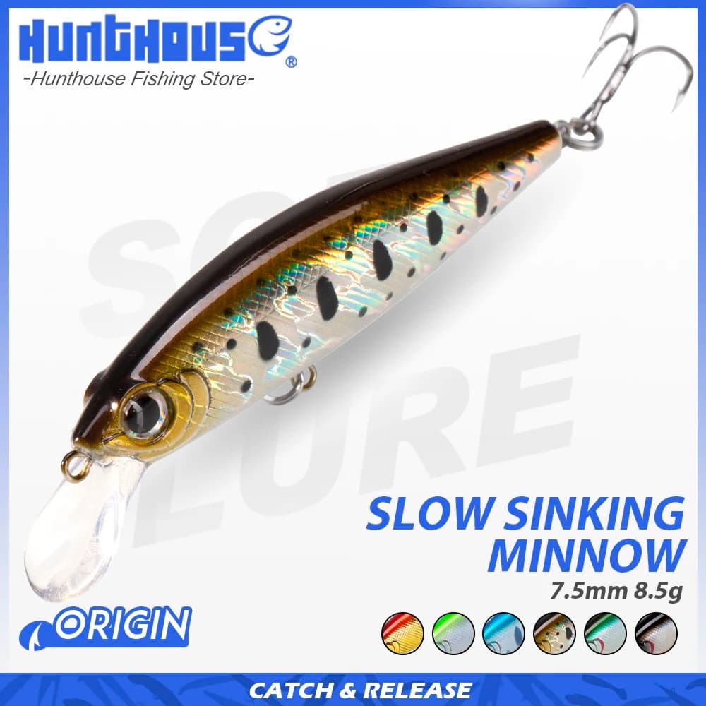 Hunthouse Affondamento lento Minnow Rigge Esca da pesca piatta 75S 75mm 8.5g Wobbler Esca dura artificiale Piccolo attrezzatura da pesca per pesciolini
