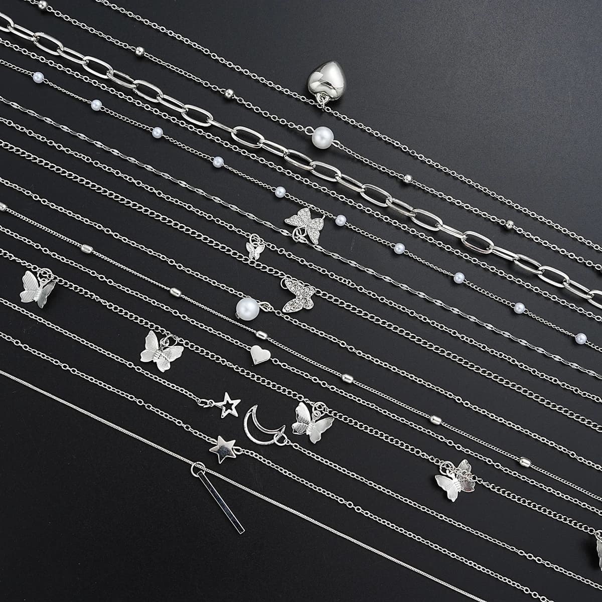13Pcs Women Silver Tone Stackable Necklace Set Simple Temperament Butterfly Heart Star Pearl Zircon Pendant Fashion Jewelry Daily Gift