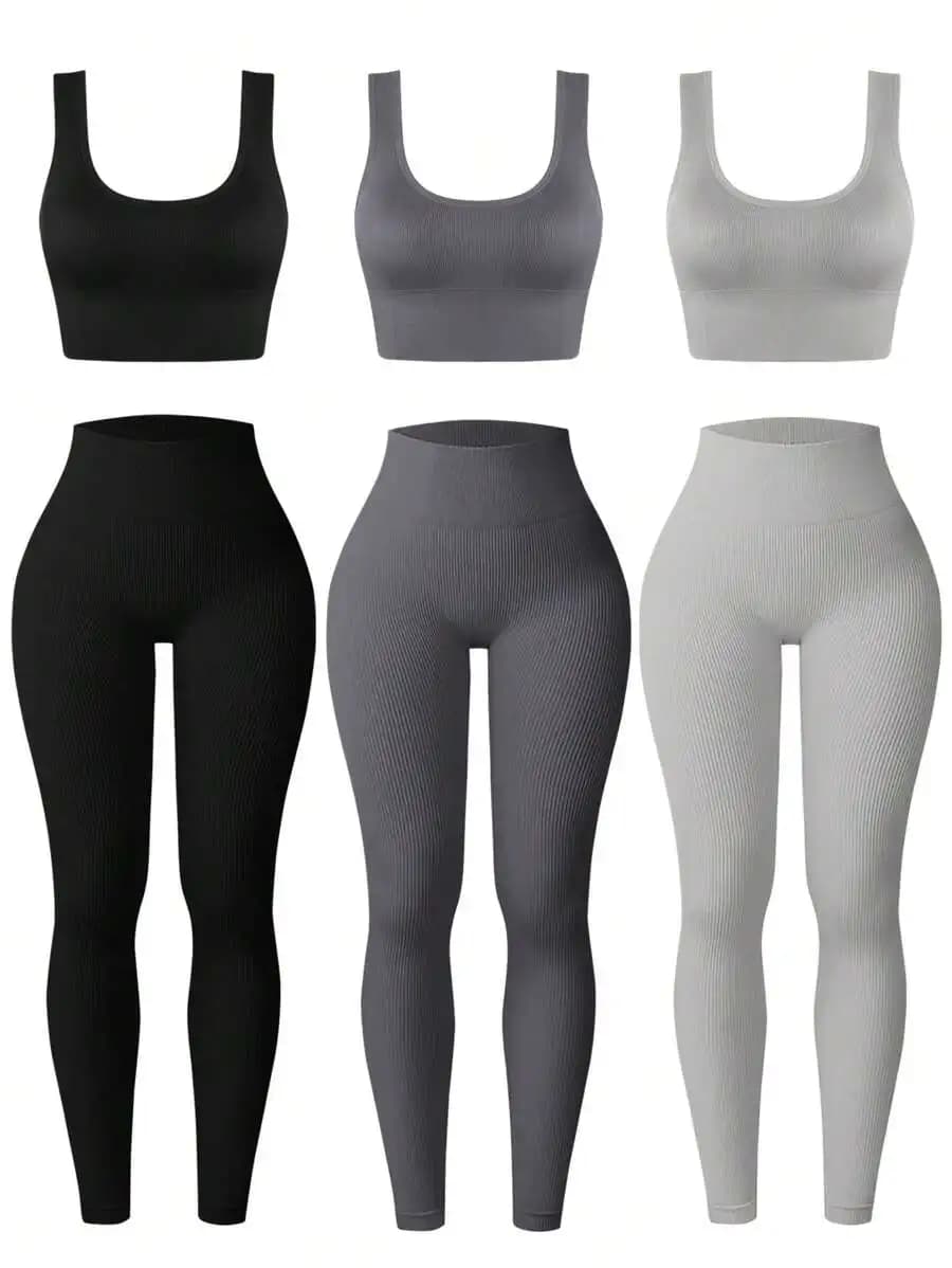 Set di top a costine senza cuciture e leggings a vita alta per allenamento in palestra da donna