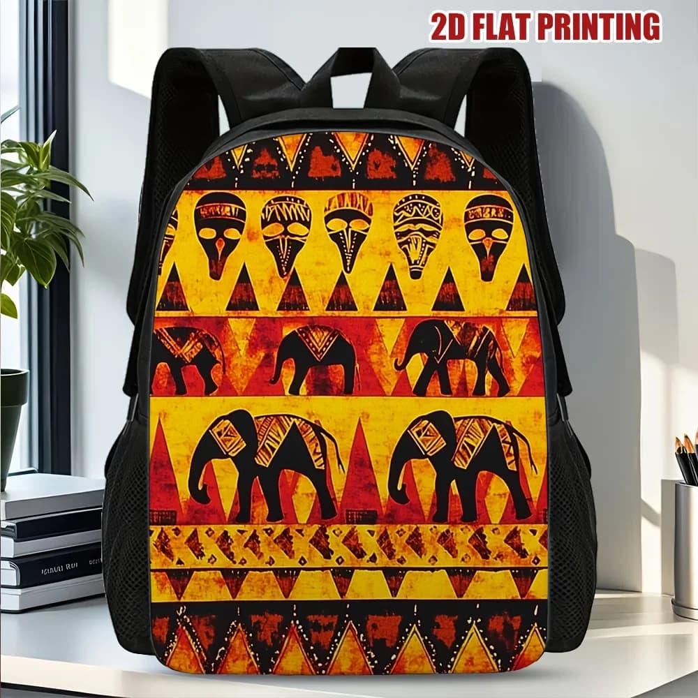 Backpack with African tribal elephant pattern and mask pattern, with adjustable shoulder straps, suitable for teenagers and adults