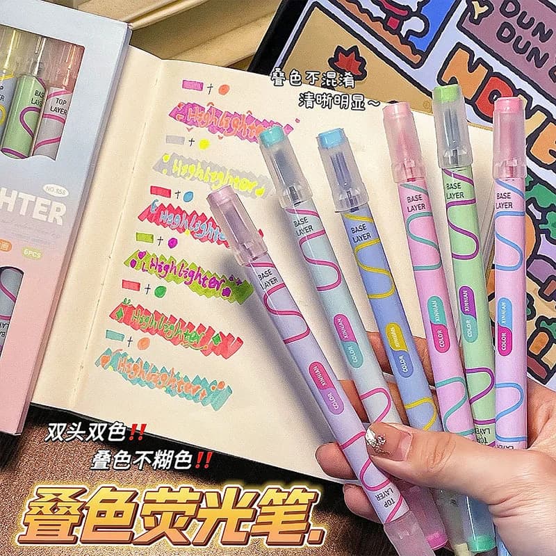 6pcs Stacked color watercolor pe notes Double-headed highlighter Marking Highlight Marking Painting Hand Account Painting Pen