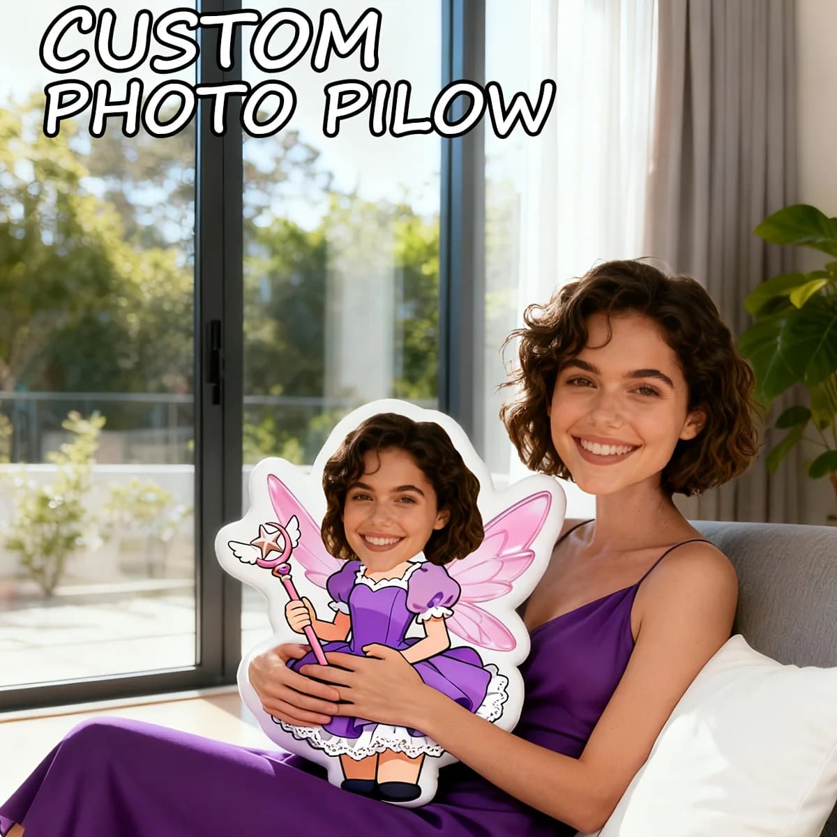 Cuscino personalizzato a forma di fata viola, caricati le tue foto o altri elementi personalizzabili, che sono il miglior regalo per amici e relazioni familiari.