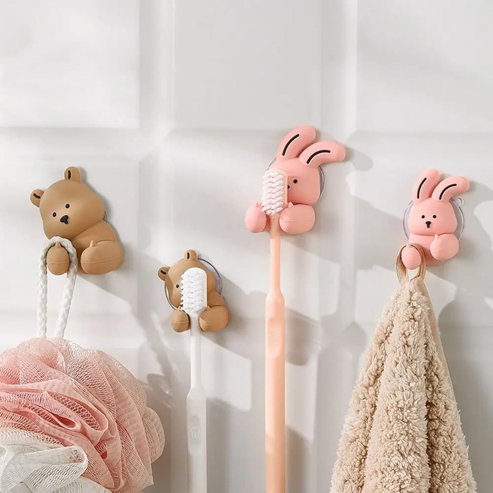 Portaspazzolino in silicone a forma di coniglio, porta rasoi e fili da barba da parete, gancio con ventosa, porta spazzolino a forma di orso/coniglio per la casa
