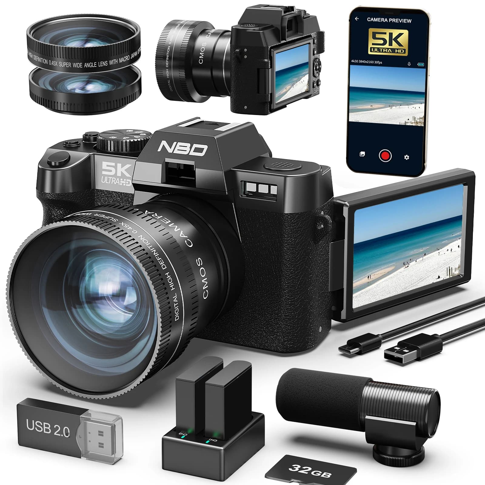 Fotocamere Digitali NBD 5K e 48MP, Zoom Digitale 16X, Fotocamere per Viaggi e Vlogging, Obiettivo Macro 52mm 180° ° Microfono con schermo ribaltabile Lunga durata della batteria Regalo